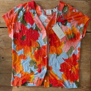 Joie Bold Floral Button Front V-neck linen blend knit top Red, Orange, Blue